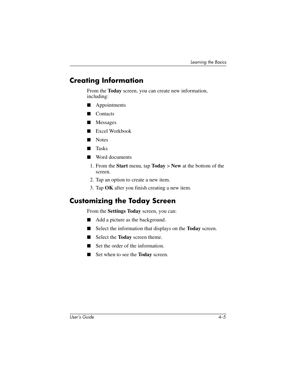 Creating information, Customizing the today screen | HP iPAQ hx4700 User Manual | Page 50 / 169