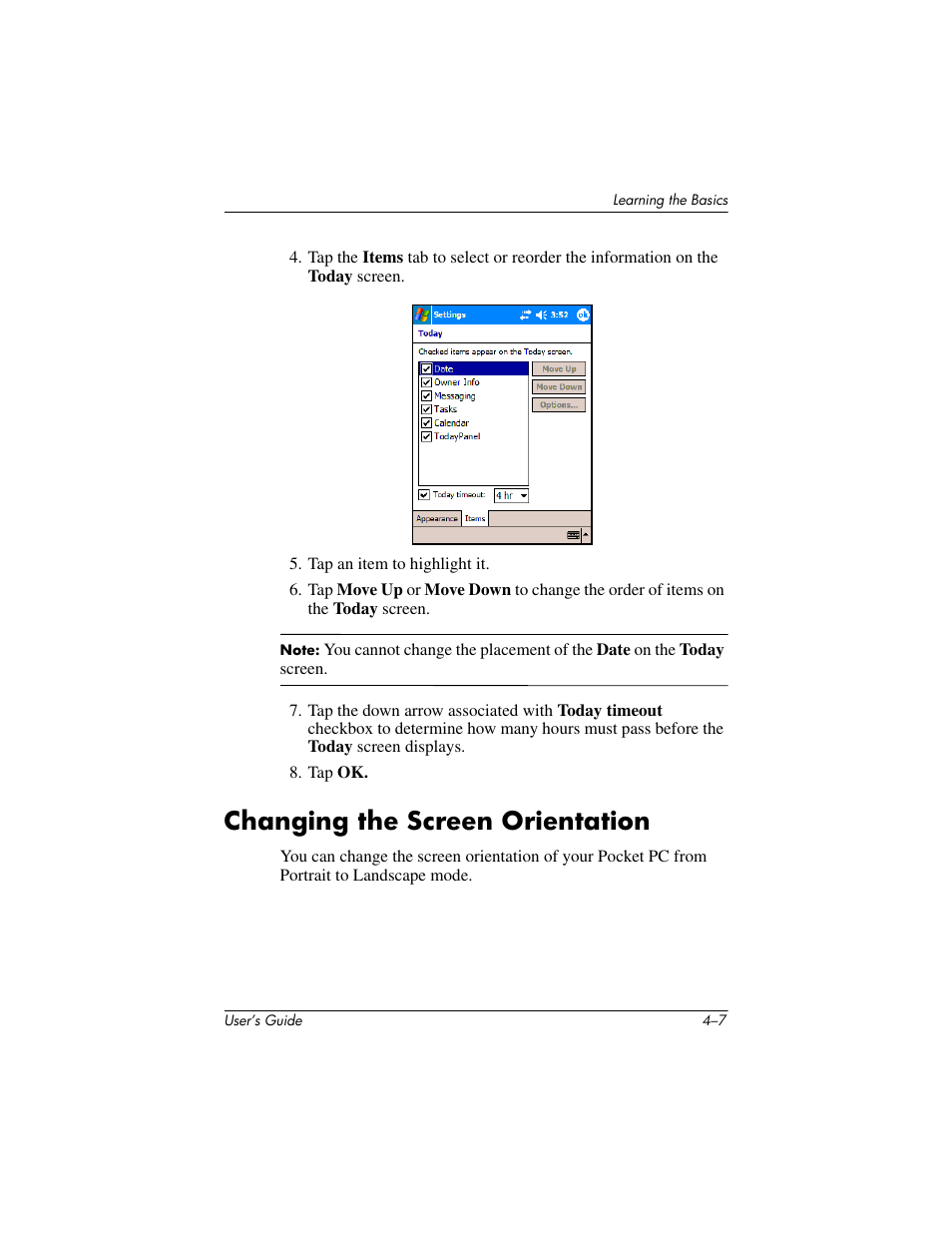 Changing the screen orientation, Changing the screen orientation –7 | HP iPAQ hx4700 User Manual | Page 52 / 169