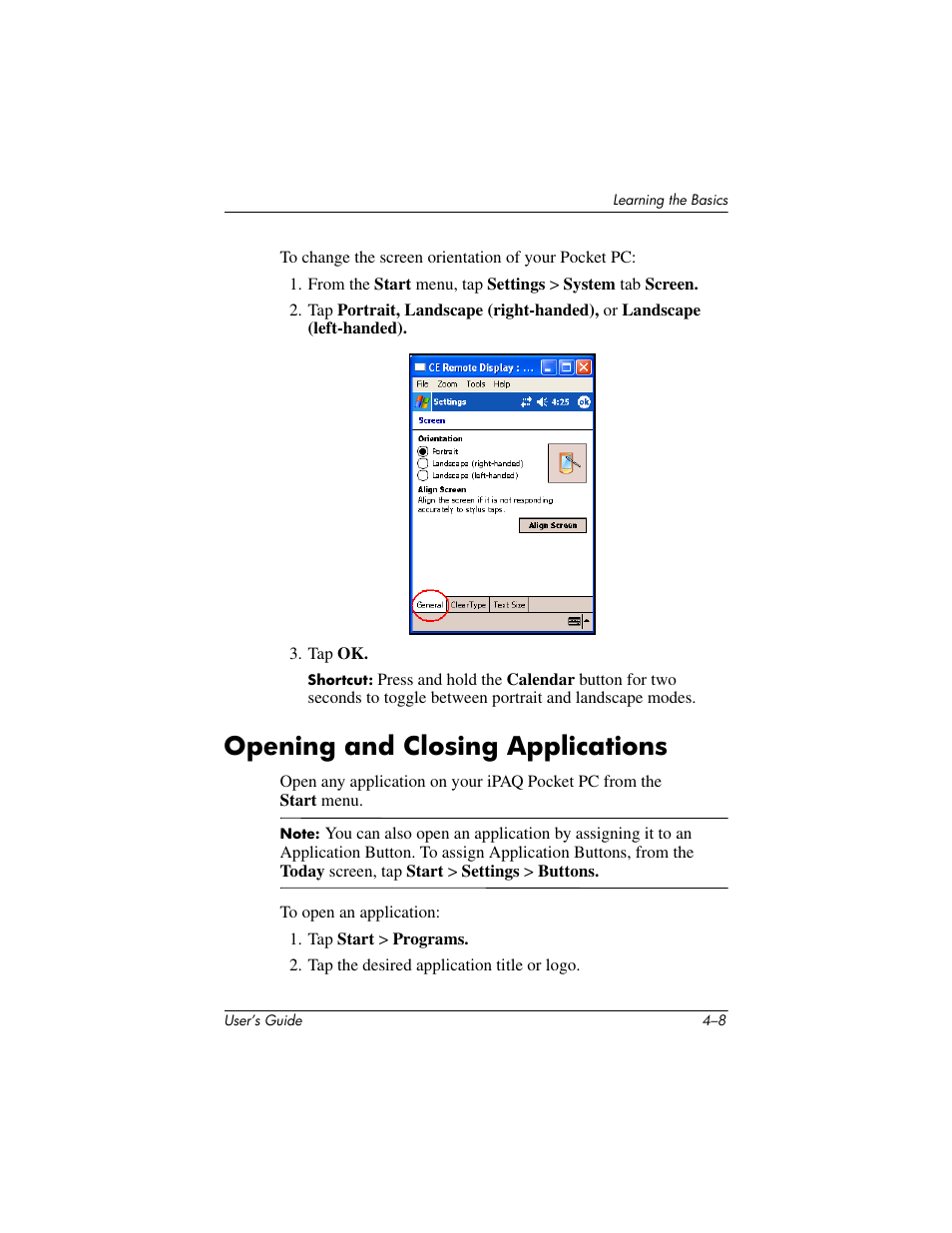 Opening and closing applications, Opening and closing applications –8 | HP iPAQ hx4700 User Manual | Page 53 / 169