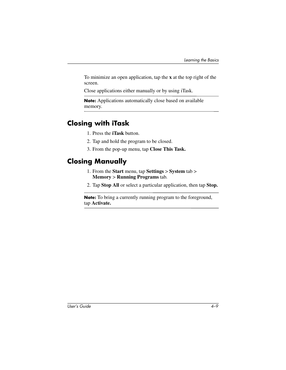 Closing with itask, Closing manually, Closing with itask –9 closing manually –9 | HP iPAQ hx4700 User Manual | Page 54 / 169