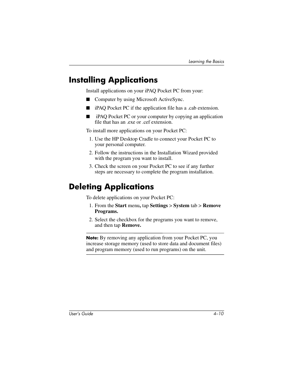 Installing applications, Deleting applications | HP iPAQ hx4700 User Manual | Page 55 / 169