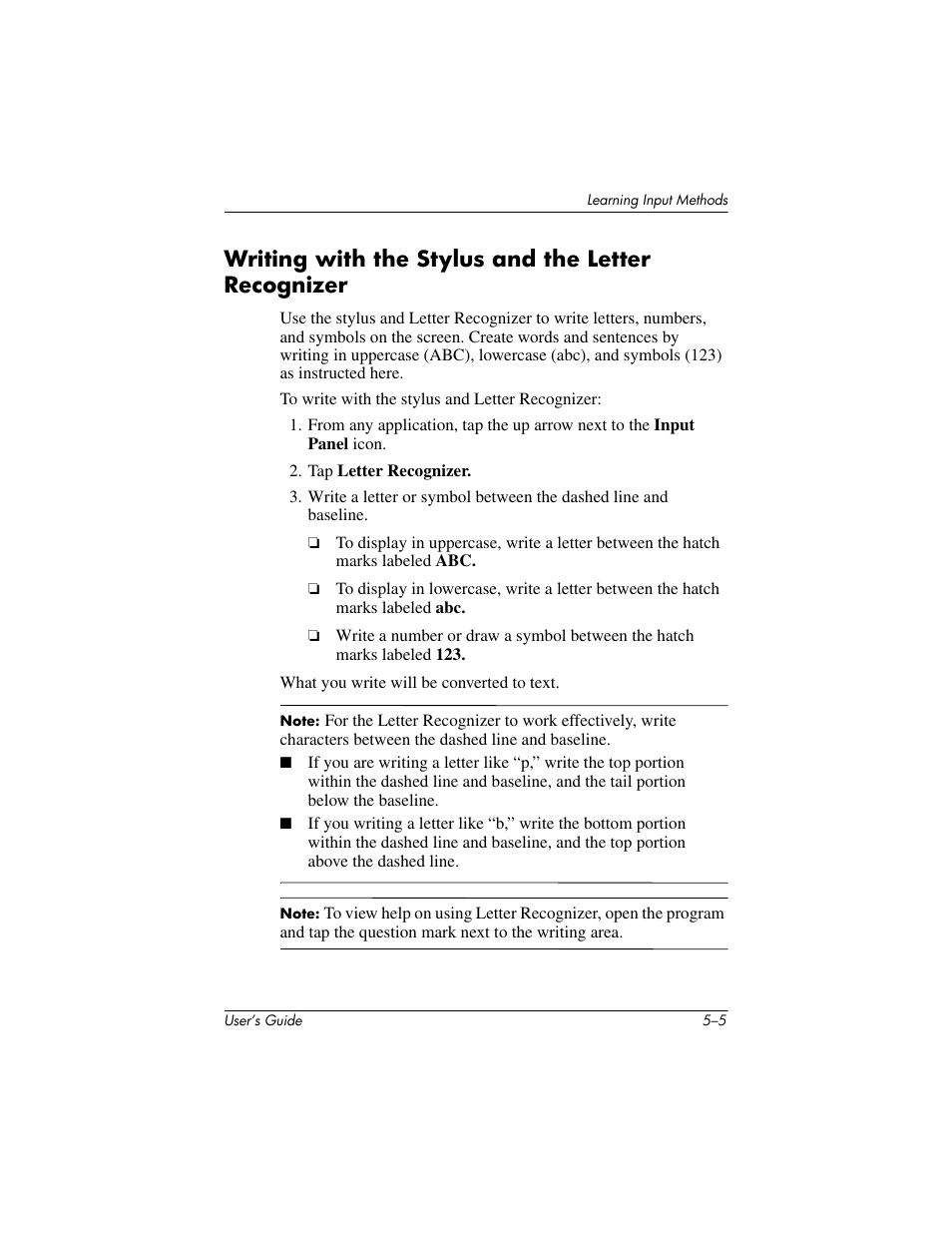 Writing with the stylus and the letter recognizer | HP iPAQ hx4700 User Manual | Page 62 / 169