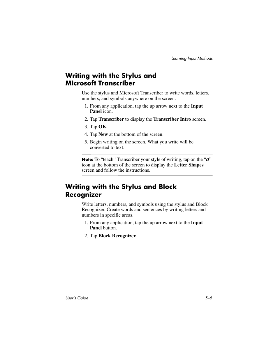 Writing with the stylus and microsoft transcriber, Writing with the stylus and block recognizer | HP iPAQ hx4700 User Manual | Page 63 / 169