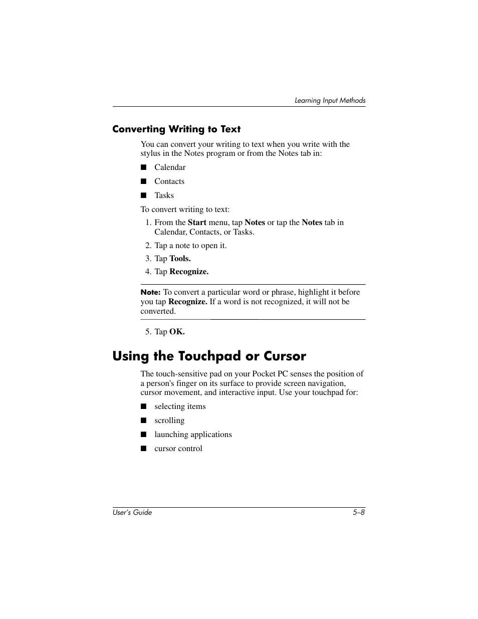 Converting writing to text, Using the touchpad or cursor, Using the touchpad or cursor –8 | HP iPAQ hx4700 User Manual | Page 65 / 169