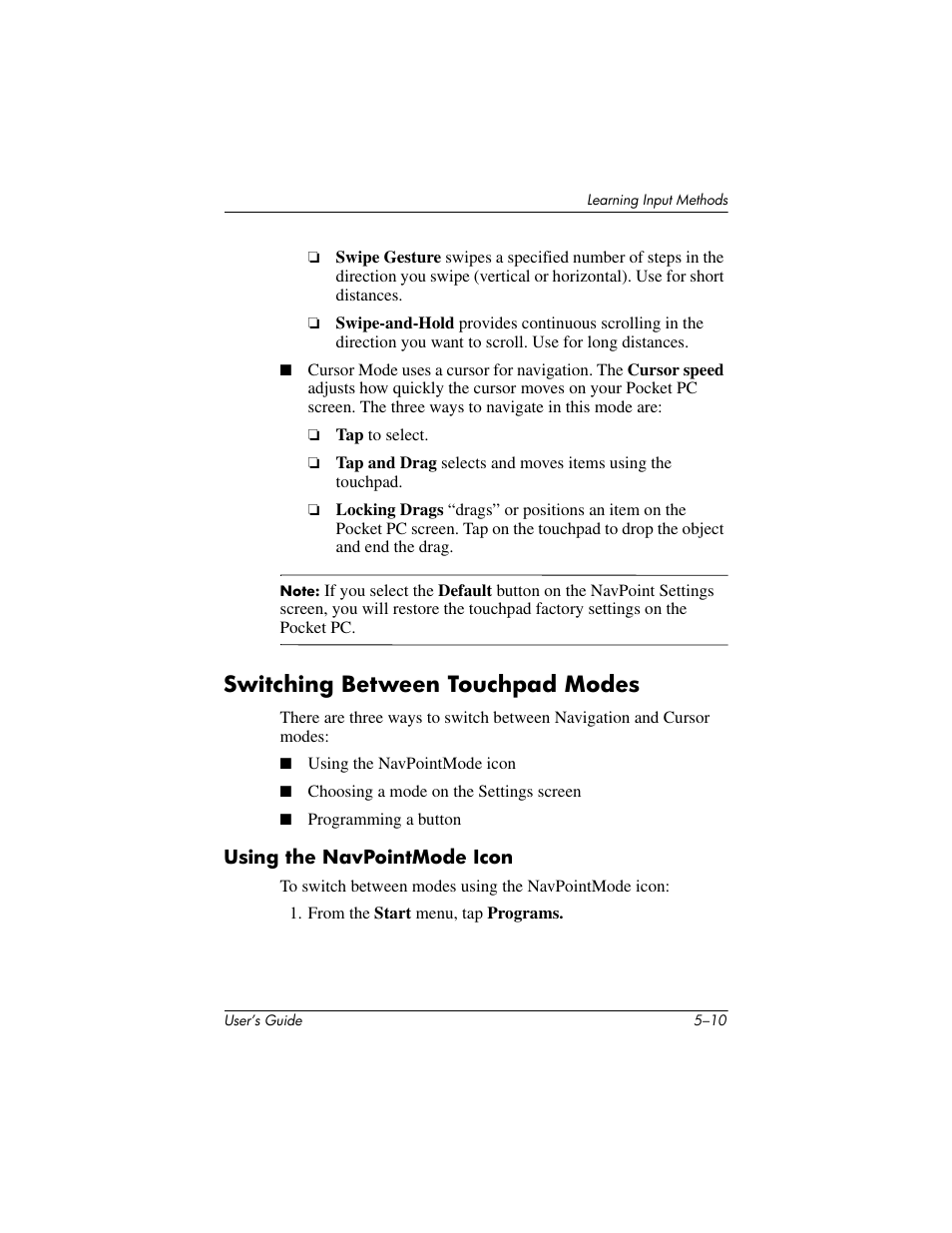 Switching between touchpad modes, Using the navpointmode icon, Switching between touchpad modes –10 | HP iPAQ hx4700 User Manual | Page 67 / 169