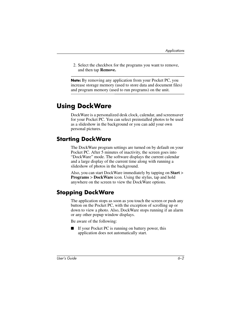 Using dockware, Starting dockware, Stopping dockware | Using dockware –2, Starting dockware –2 stopping dockware –2 | HP iPAQ hx4700 User Manual | Page 70 / 169