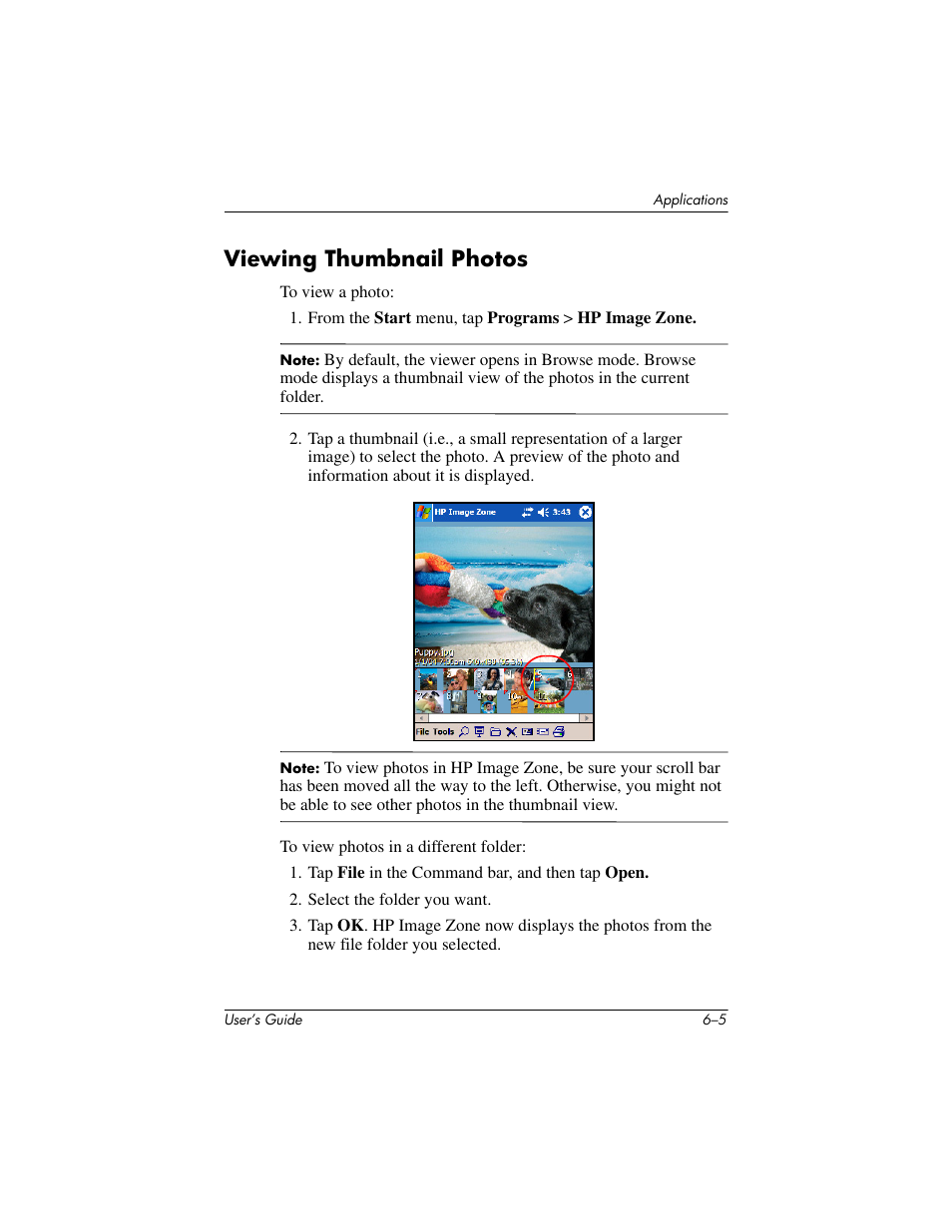 Viewing thumbnail photos, Viewing thumbnail photos –5 | HP iPAQ hx4700 User Manual | Page 73 / 169