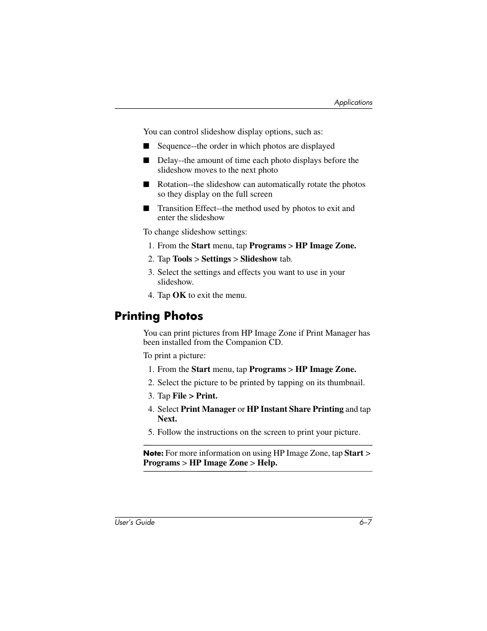 Printing photos, Printing photos –7 | HP iPAQ hx4700 User Manual | Page 75 / 169