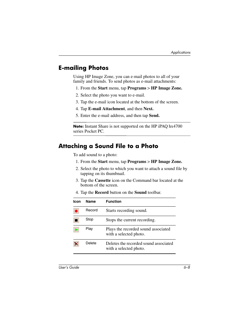 E-mailing photos, Attaching a sound file to a photo | HP iPAQ hx4700 User Manual | Page 76 / 169
