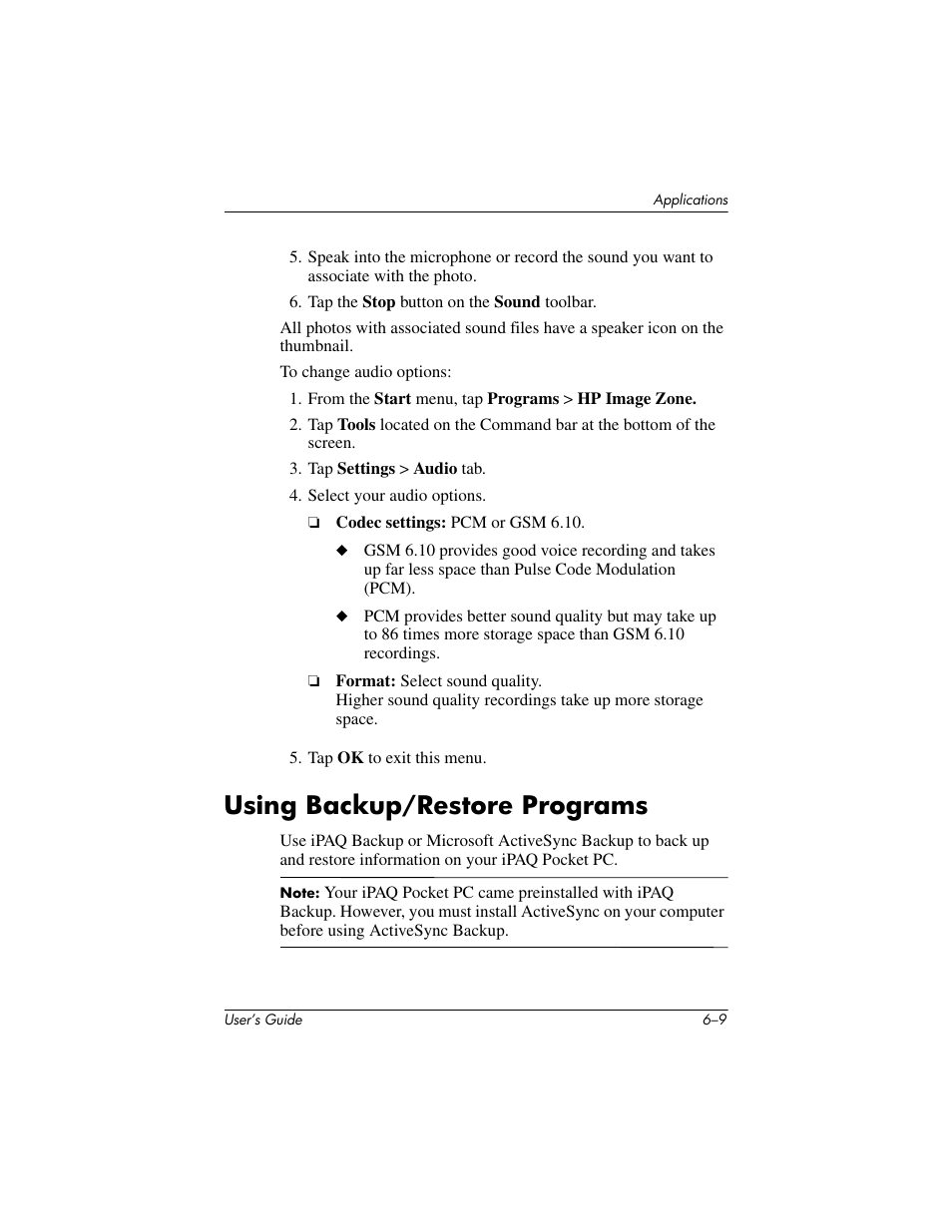 Using backup/restore programs, Using backup/restore programs –9 | HP iPAQ hx4700 User Manual | Page 77 / 169