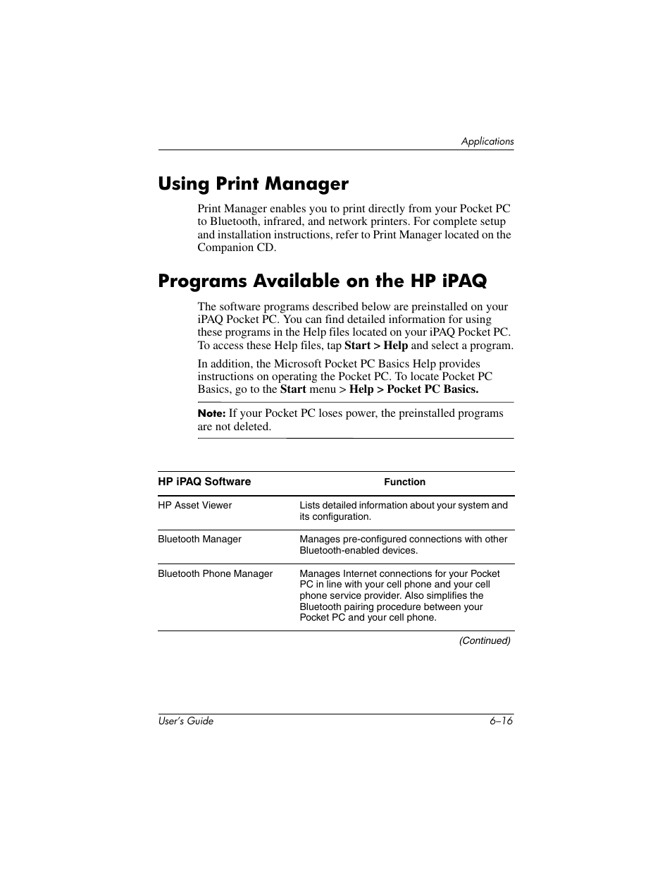 Using print manager, Programs available on the hp ipaq | HP iPAQ hx4700 User Manual | Page 84 / 169