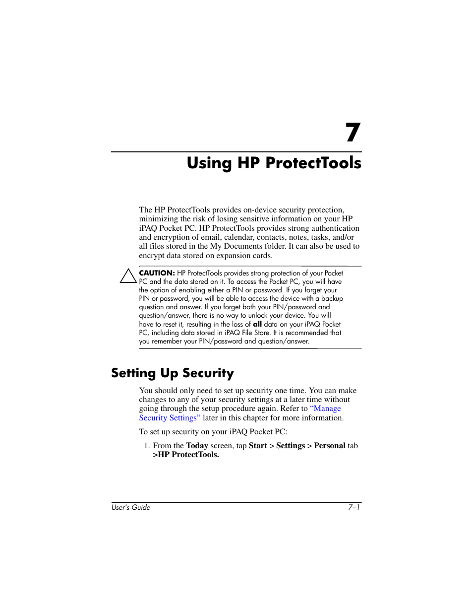 Using hp protecttools, Setting up security, 7 using hp protecttools | Setting up security –1 | HP iPAQ hx4700 User Manual | Page 89 / 169