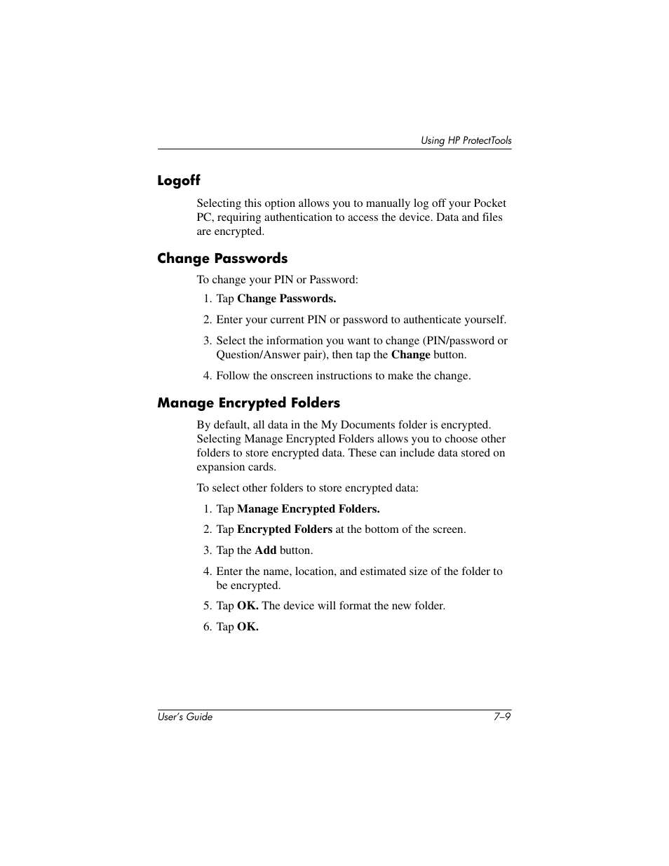 Logoff, Change passwords, Manage encrypted folders | HP iPAQ hx4700 User Manual | Page 97 / 169