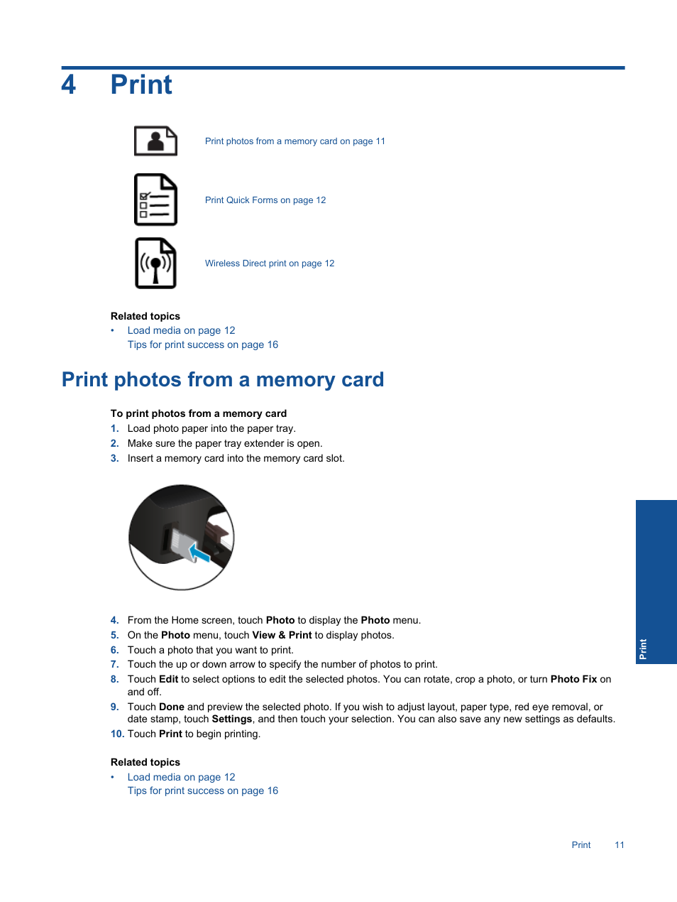 Print, Print photos from a memory card, 4 print | 4print | HP 5520 User Manual | Page 13 / 62