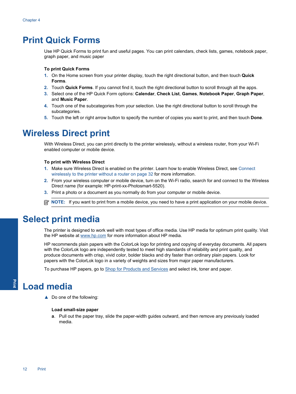 Print quick forms, Wireless direct print, Select print media | Load media | HP 5520 User Manual | Page 14 / 62