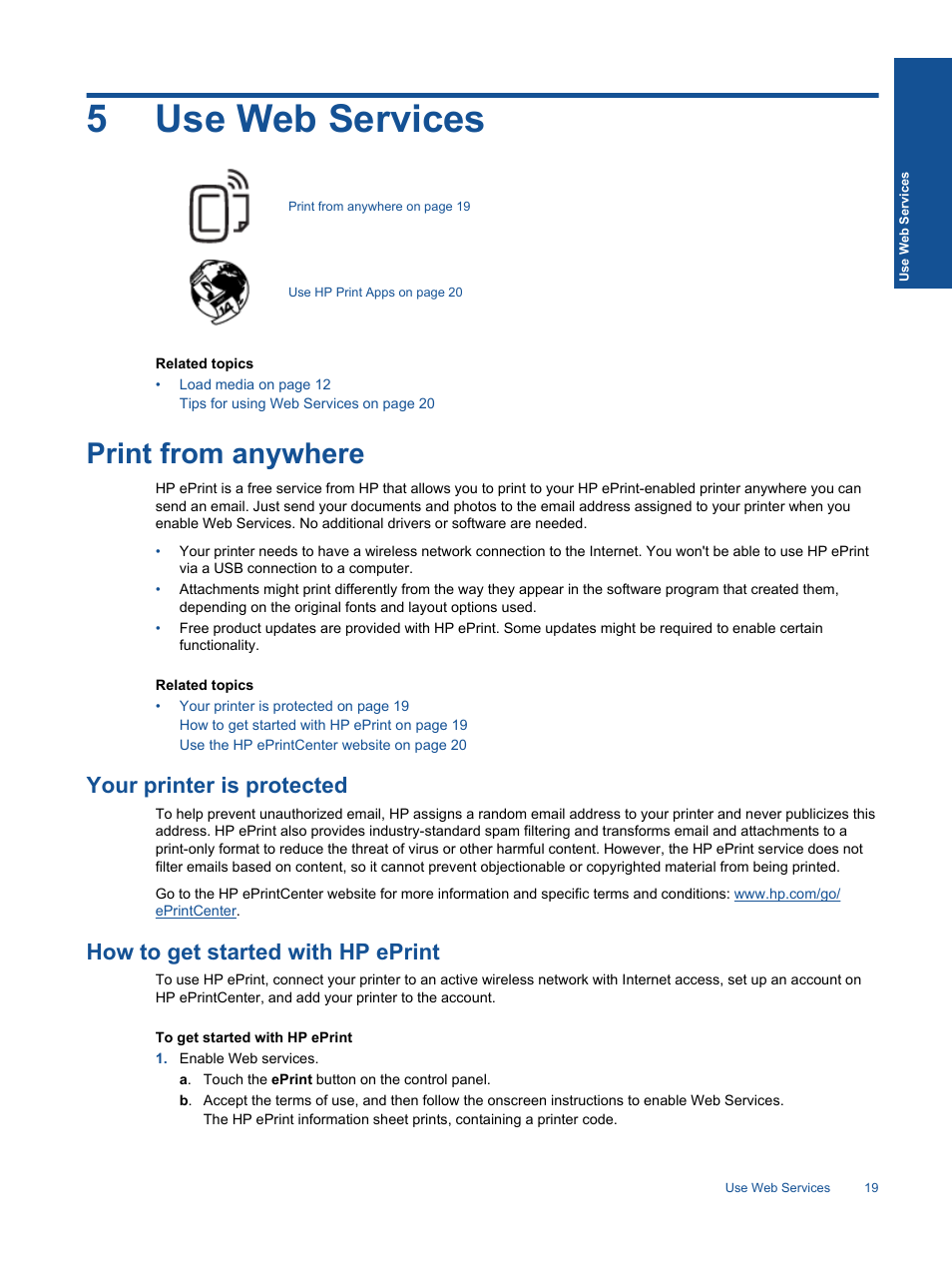 Use web services, Print from anywhere, Your printer is protected | How to get started with hp eprint, 5 use web services, 5use web services | HP 5520 User Manual | Page 21 / 62