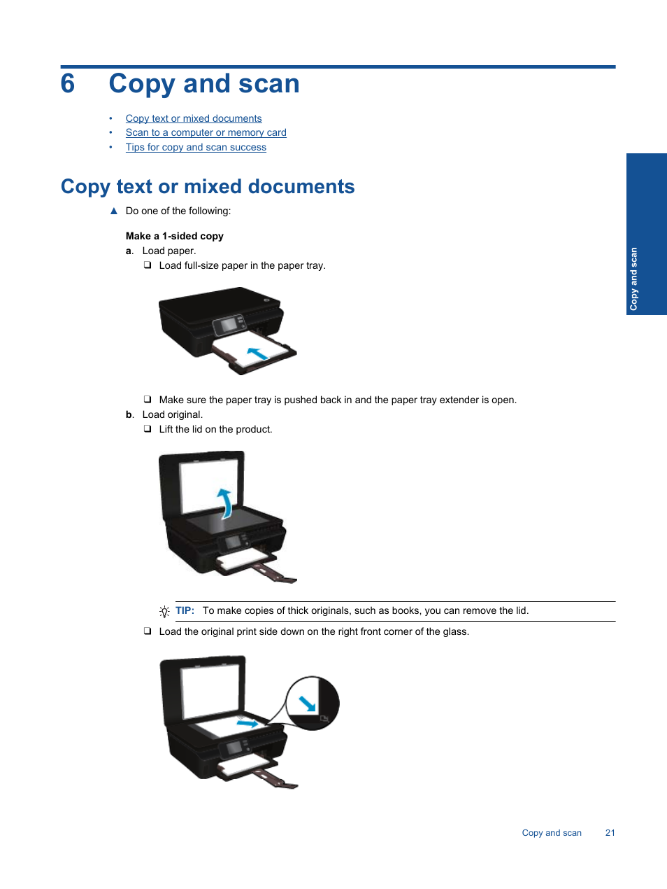 Copy and scan, Copy text or mixed documents, 6 copy and scan | 6copy and scan | HP 5520 User Manual | Page 23 / 62