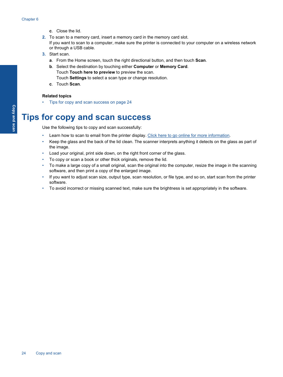Tips for copy and scan success | HP 5520 User Manual | Page 26 / 62