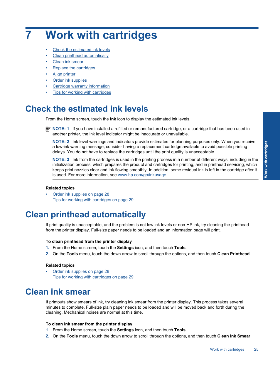 Work with cartridges, Check the estimated ink levels, Clean printhead automatically | Clean ink smear, 7 work with cartridges, 7work with cartridges | HP 5520 User Manual | Page 27 / 62