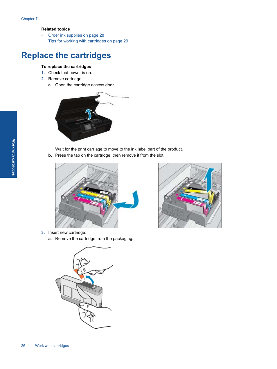 Replace the cartridges | HP 5520 User Manual | Page 28 / 62