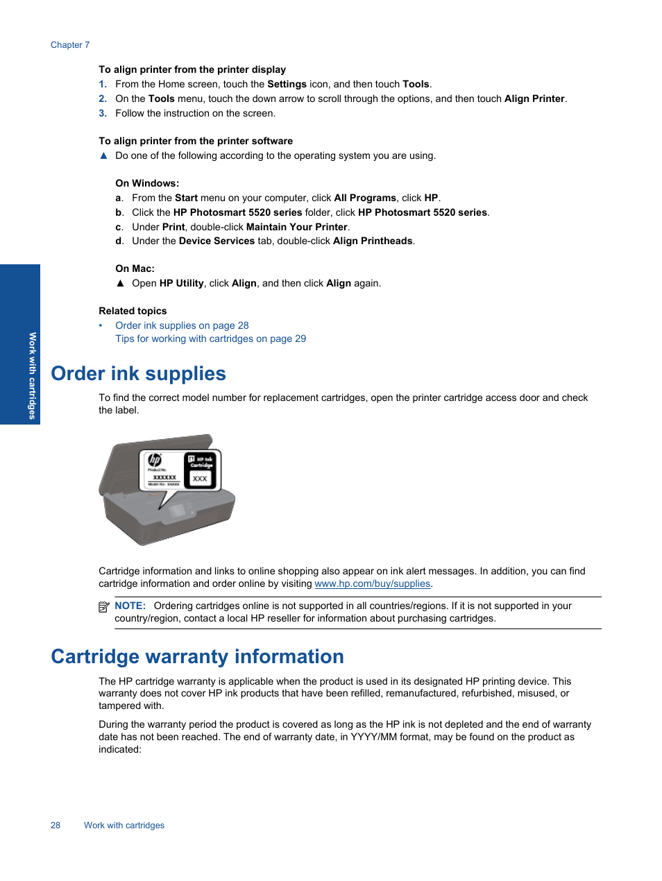 Order ink supplies, Cartridge warranty information, Order ink supplies cartridge warranty information | HP 5520 User Manual | Page 30 / 62