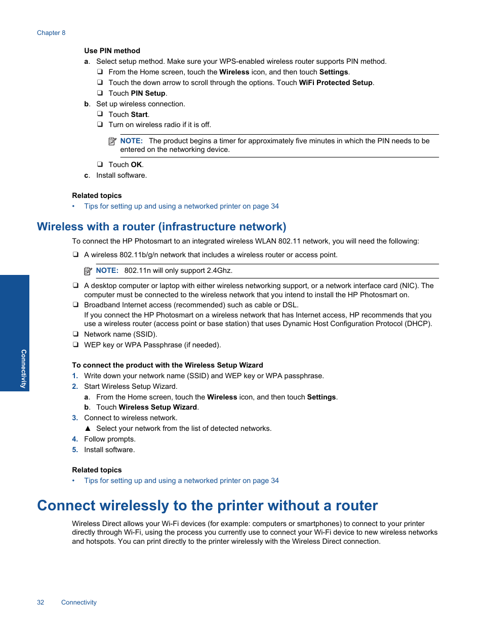 Wireless with a router (infrastructure network), Connect wirelessly to the printer without a router, Connect | HP 5520 User Manual | Page 34 / 62