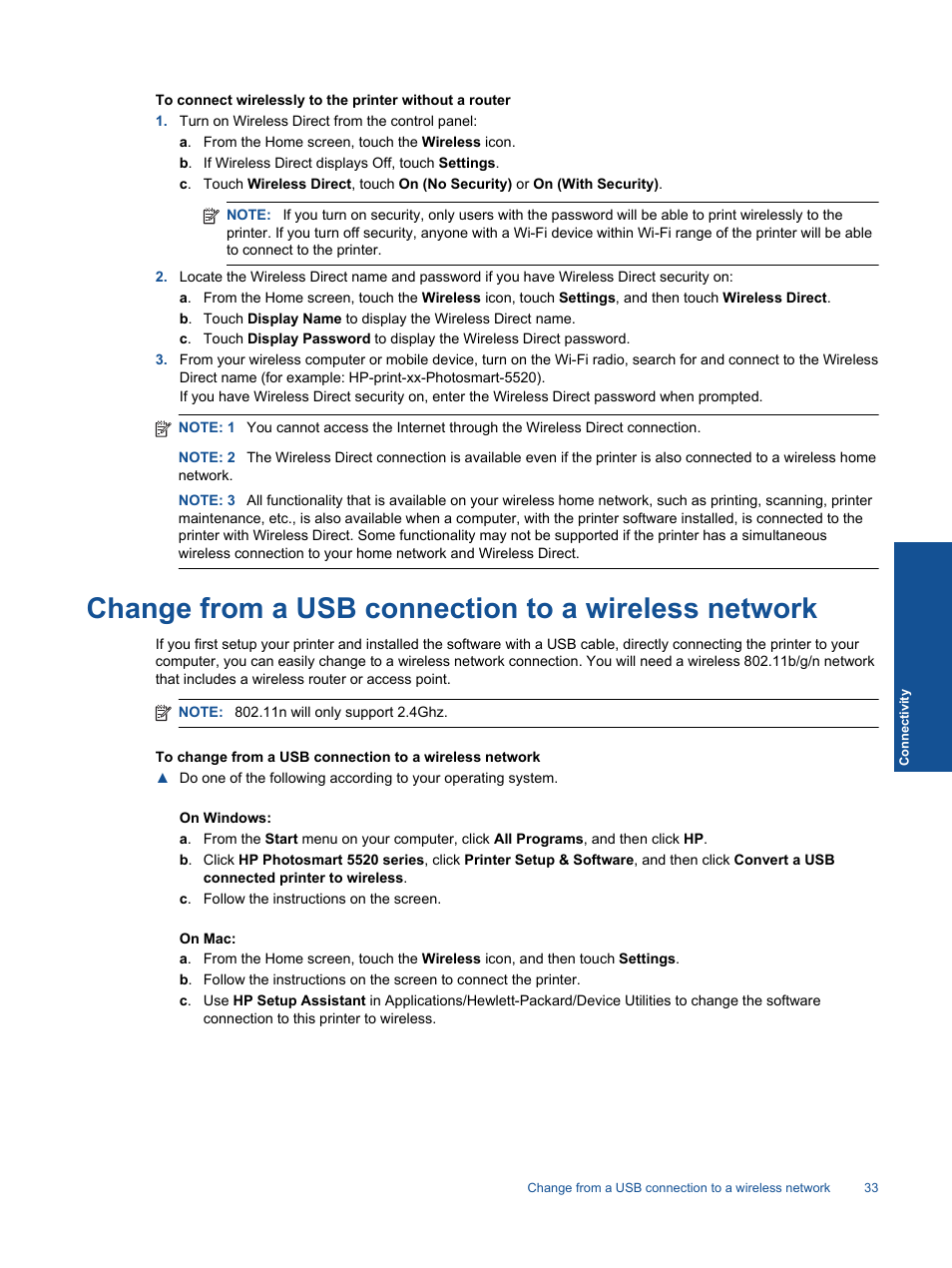 Change from a usb connection to a wireless network | HP 5520 User Manual | Page 35 / 62