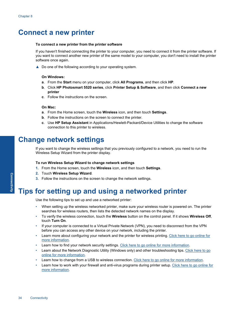 Connect a new printer, Change network settings, Tips for setting up and using a networked printer | HP 5520 User Manual | Page 36 / 62