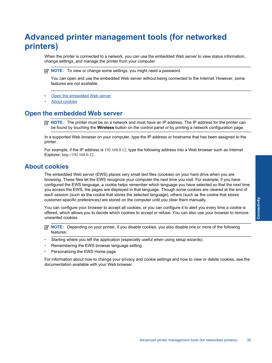 Open the embedded web server, About cookies | HP 5520 User Manual | Page 37 / 62