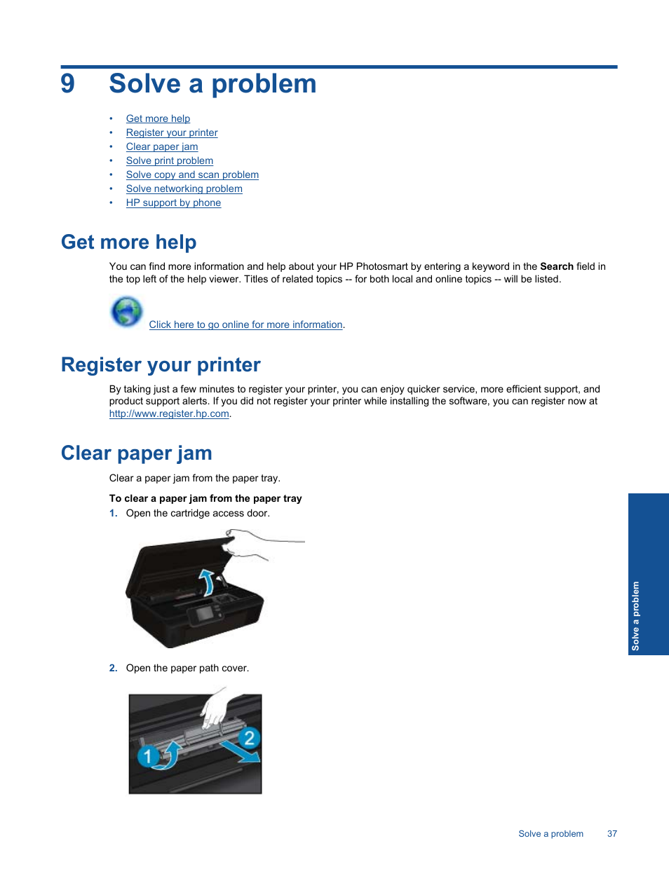 Solve a problem, Get more help, Register your printer | Clear paper jam, 9 solve a problem, 9solve a problem | HP 5520 User Manual | Page 39 / 62
