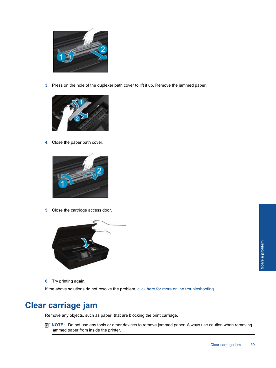 Clear carriage jam | HP 5520 User Manual | Page 41 / 62