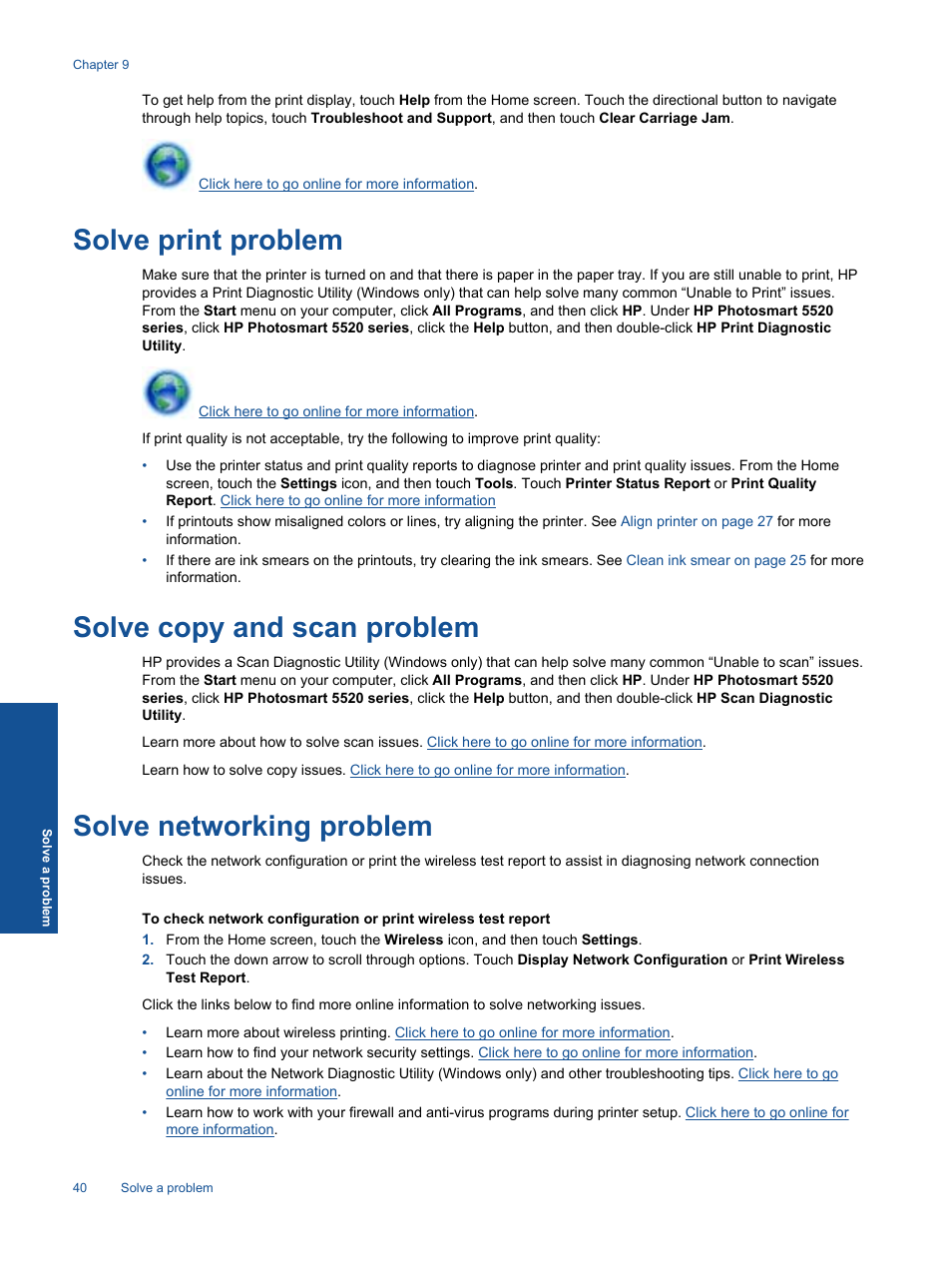 Solve print problem, Solve copy and scan problem, Solve networking problem | HP 5520 User Manual | Page 42 / 62