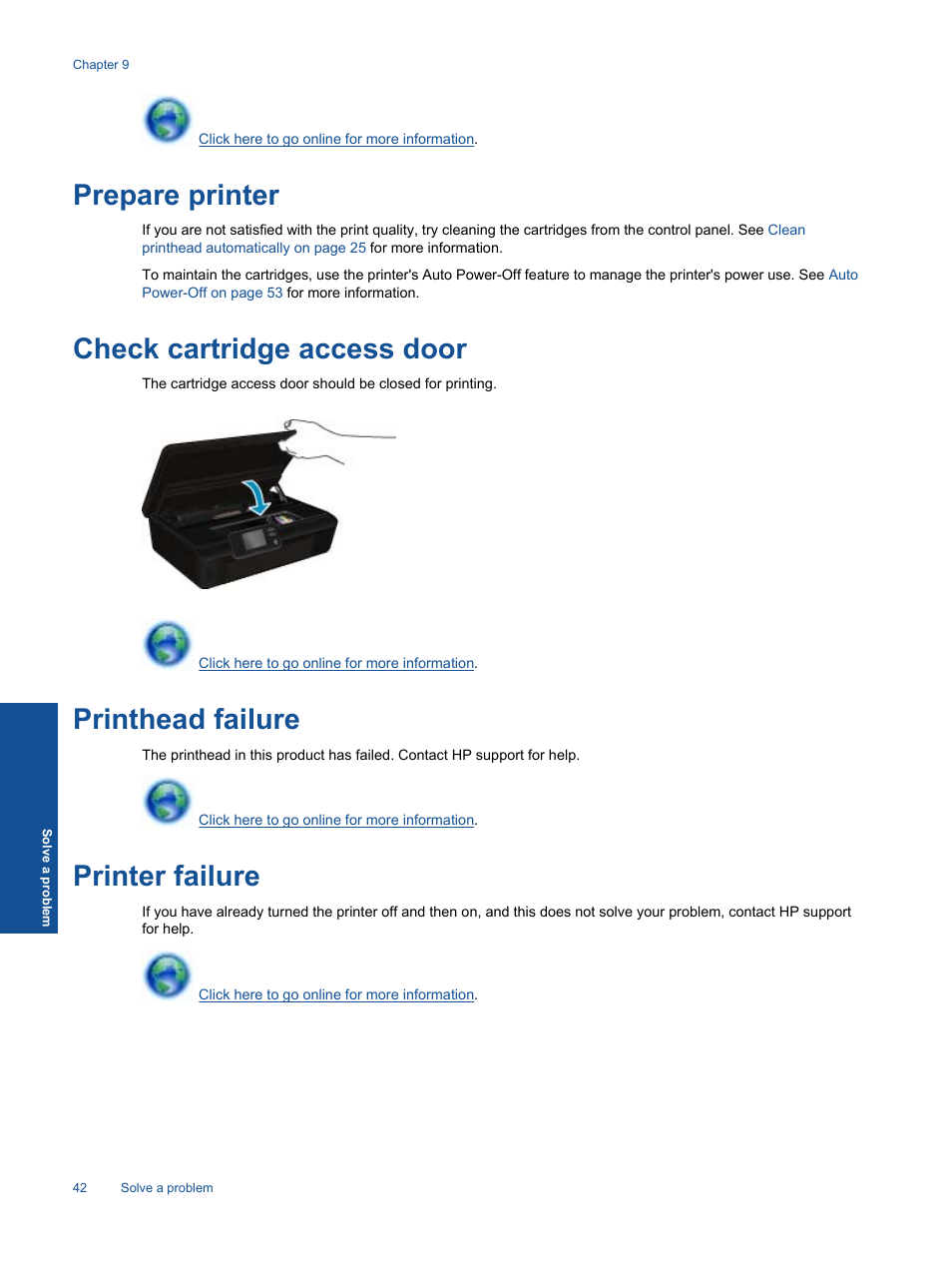 Prepare printer, Check cartridge access door, Printhead failure | Printer failure | HP 5520 User Manual | Page 44 / 62