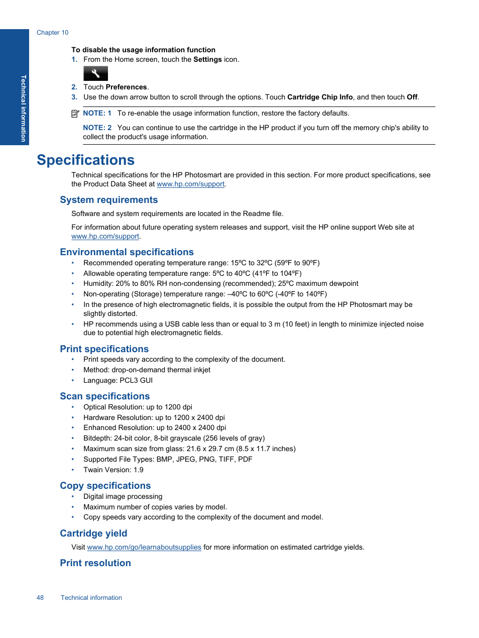 Specifications, System requirements, Environmental specifications | Print specifications, Scan specifications, Copy specifications, Cartridge yield, Print resolution | HP 5520 User Manual | Page 50 / 62