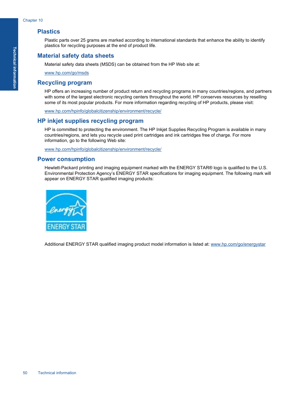 Plastics, Material safety data sheets, Recycling program | Hp inkjet supplies recycling program, Power consumption | HP 5520 User Manual | Page 52 / 62