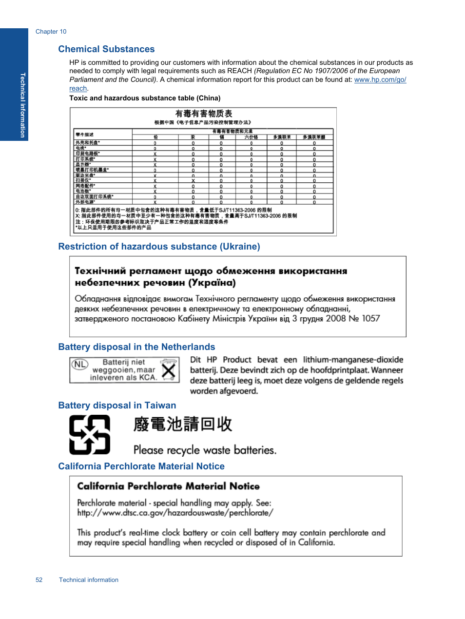 Chemical substances, Restriction of hazardous substance (ukraine), Battery disposal in the netherlands | Battery disposal in taiwan, California perchlorate material notice, Toxic and hazardous substance table (china) | HP 5520 User Manual | Page 54 / 62