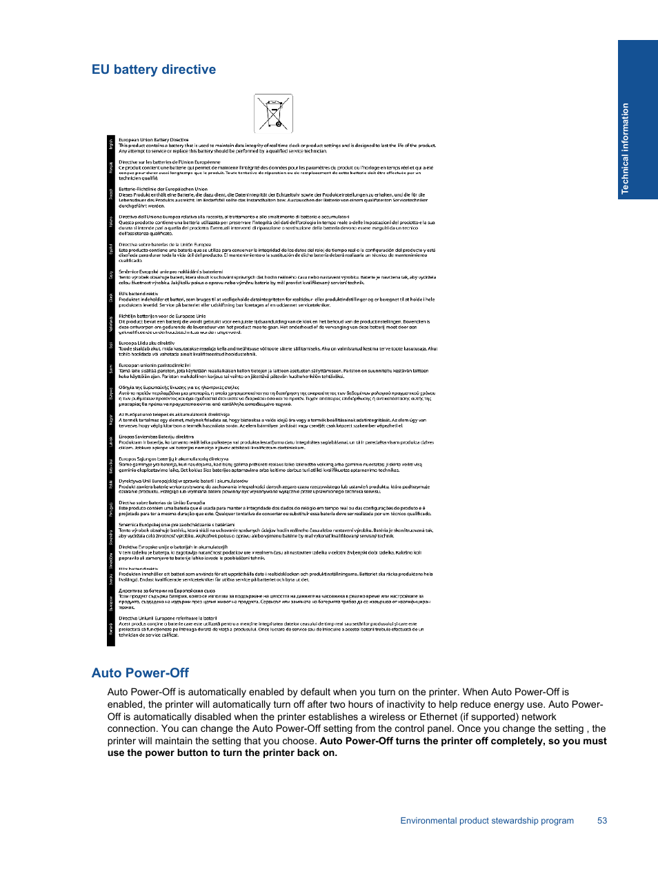 Eu battery directive, Auto power-off, Auto | Eu battery directive auto power-off | HP 5520 User Manual | Page 55 / 62