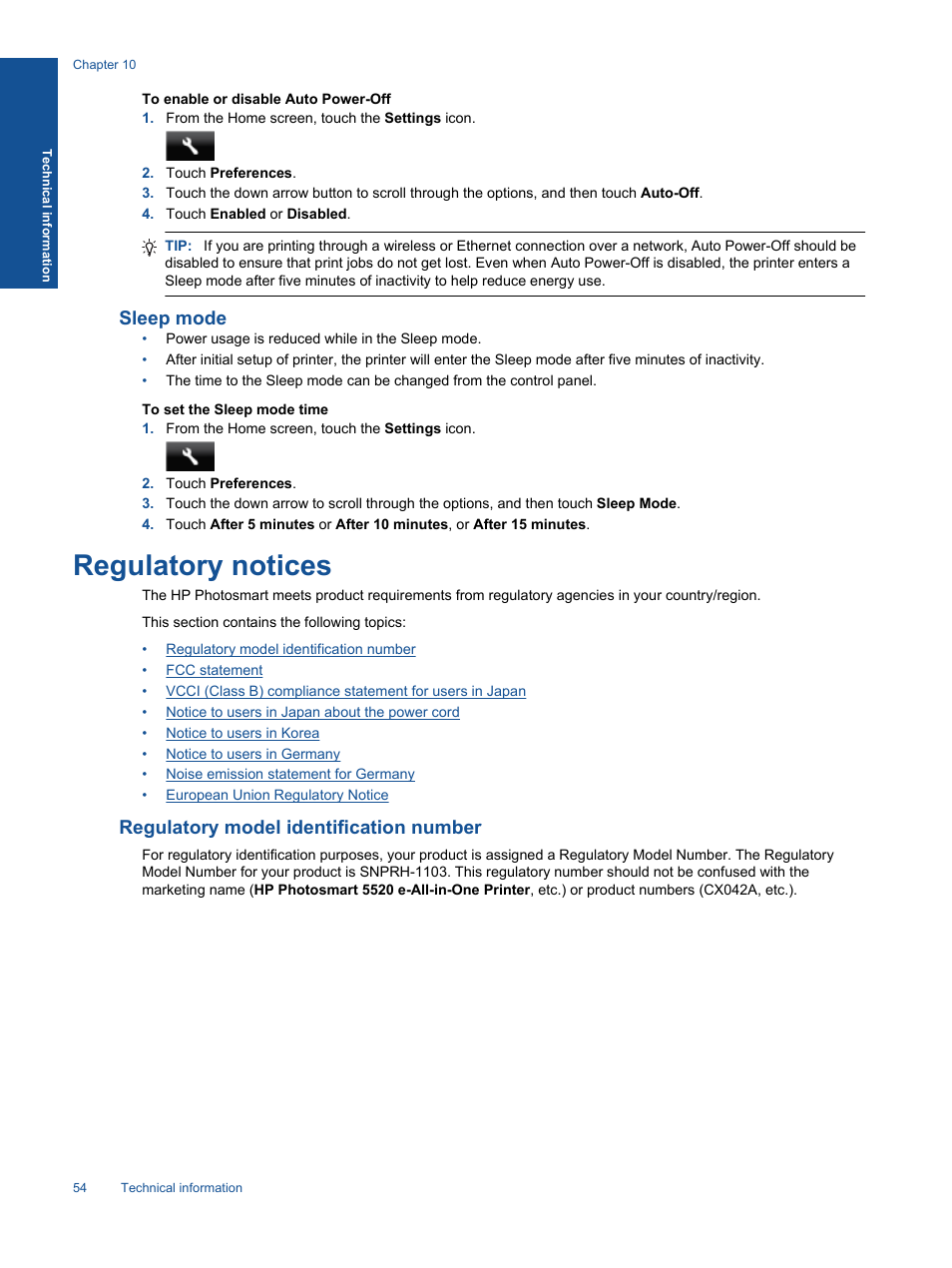 Sleep mode, Regulatory notices, Regulatory model identification number | HP 5520 User Manual | Page 56 / 62