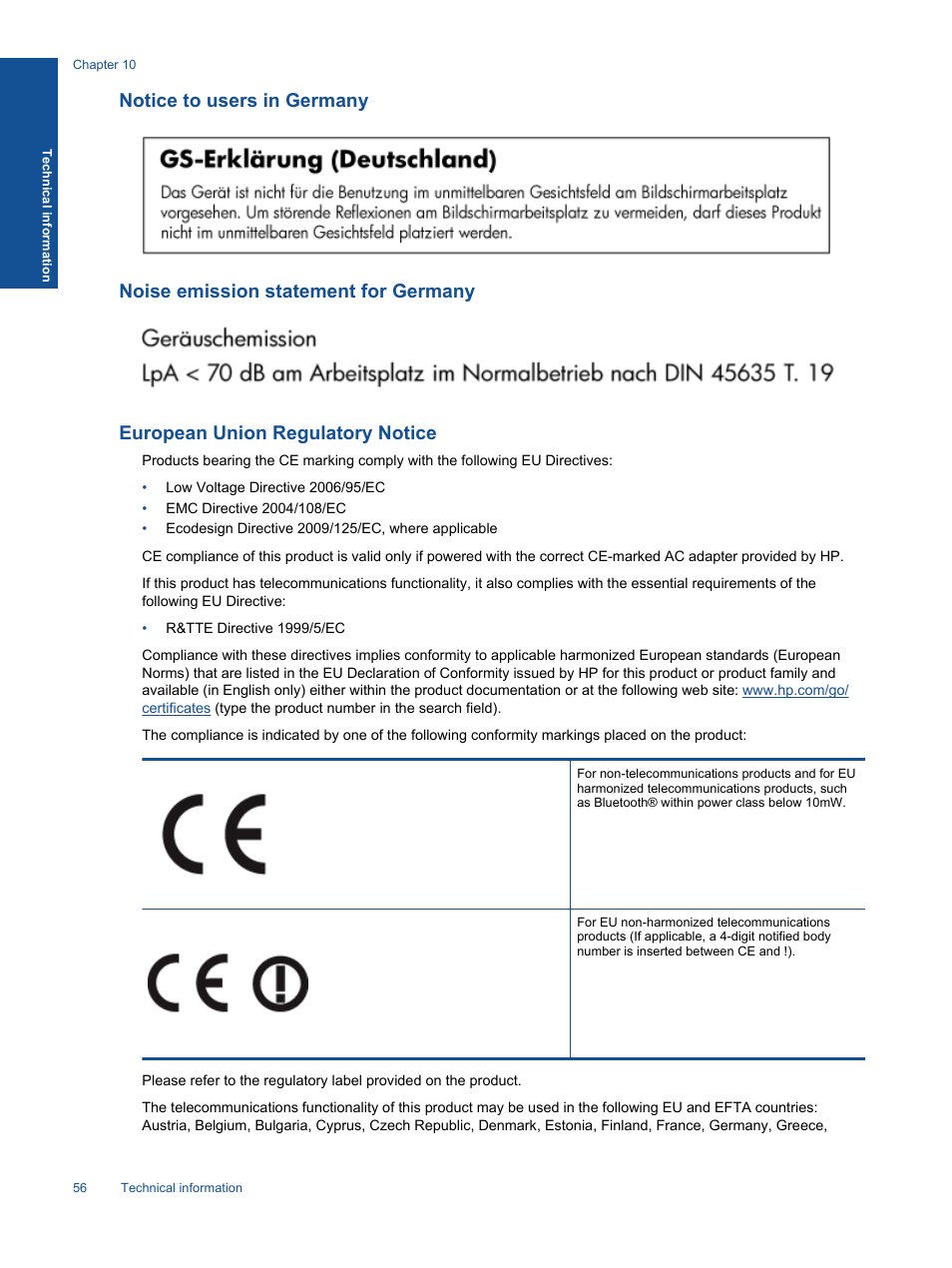 Notice to users in germany, Noise emission statement for germany, European union regulatory notice | HP 5520 User Manual | Page 58 / 62