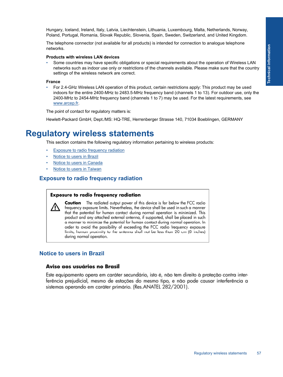 Regulatory wireless statements, Exposure to radio frequency radiation, Notice to users in brazil | HP 5520 User Manual | Page 59 / 62