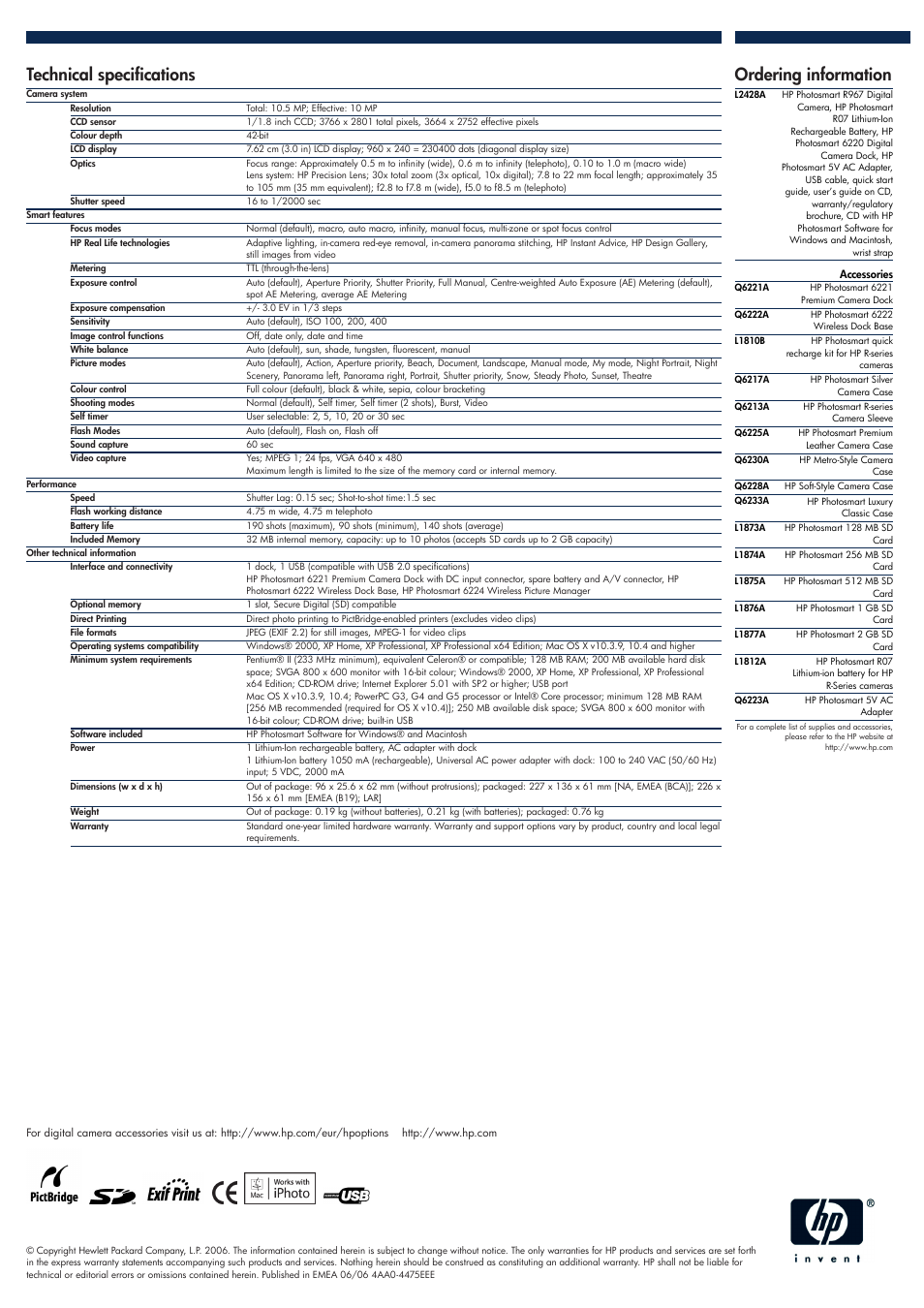 Technical specifications, Ordering information | HP R967 User Manual | Page 2 / 2