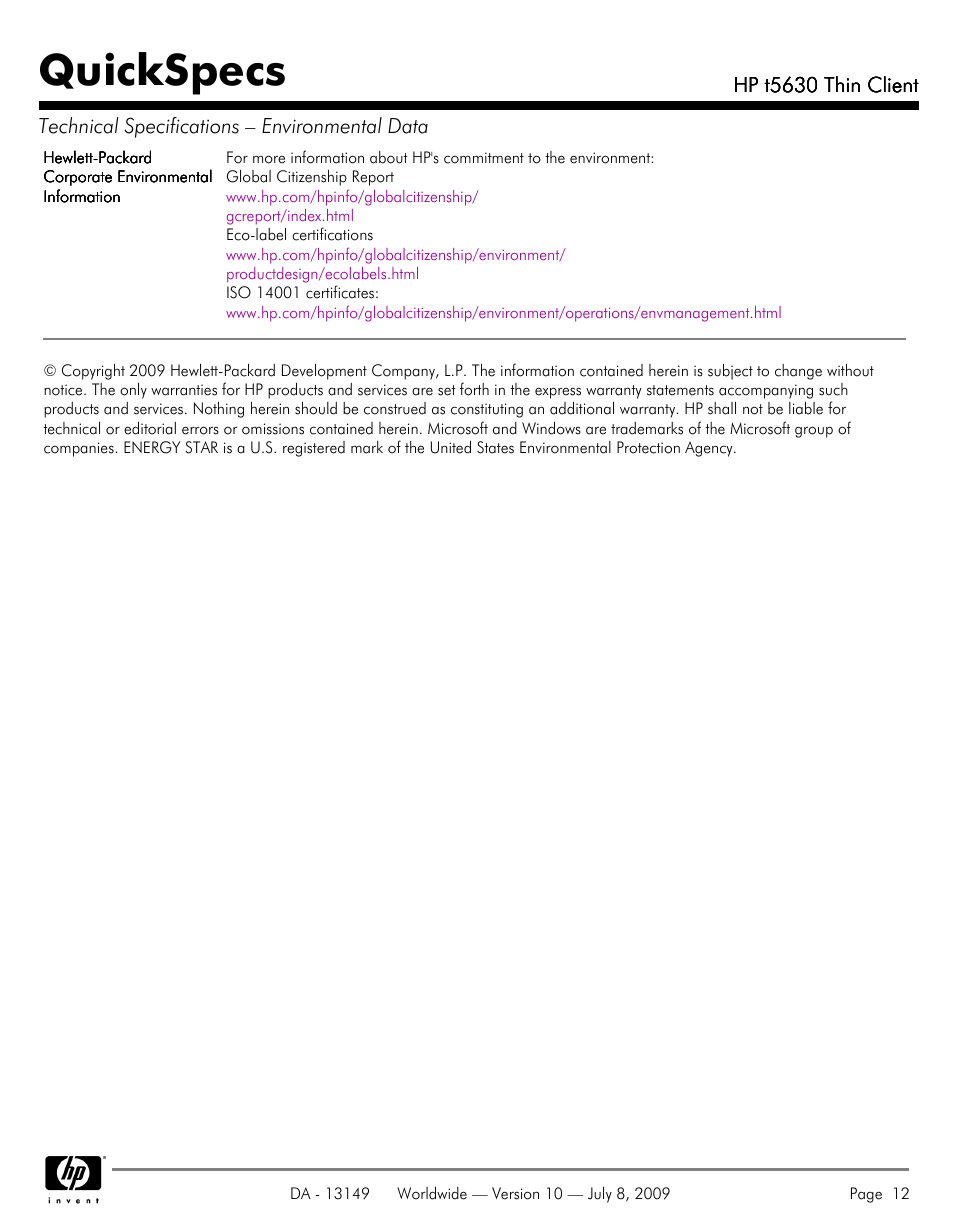Quickspecs | HP Thin Client HP t5630 User Manual | Page 12 / 12