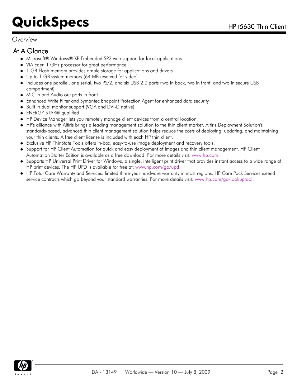 Quickspecs | HP Thin Client HP t5630 User Manual | Page 2 / 12