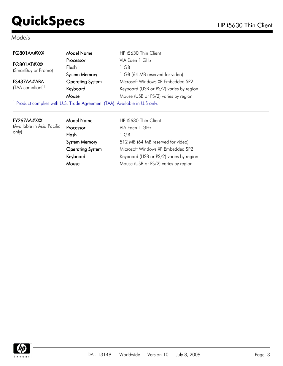 Models, Quickspecs, Hp t5630 thin client | Hp t5630 thin client models | HP Thin Client HP t5630 User Manual | Page 3 / 12