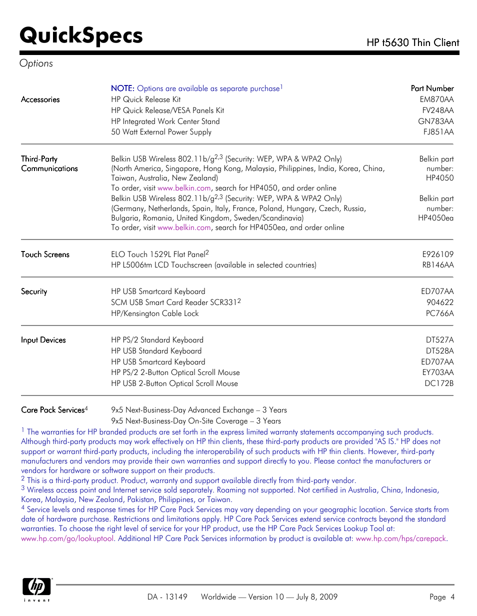 Options, Quickspecs, Hp t5630 thin client | Hp t5630 thin client options | HP Thin Client HP t5630 User Manual | Page 4 / 12