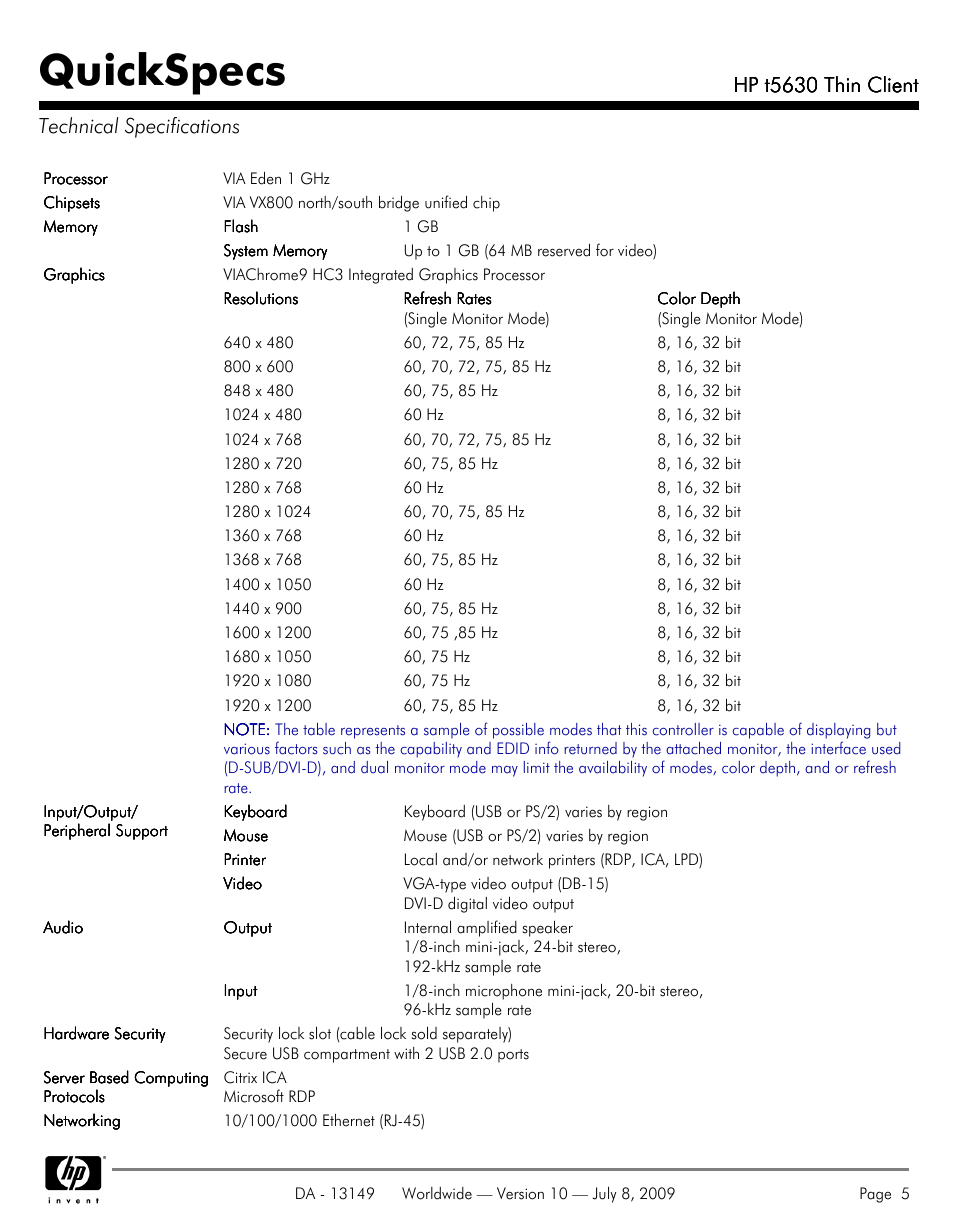 Technical specifications, Quickspecs, Hp t5630 thin client | Hp t5630 thin client technical specifications | HP Thin Client HP t5630 User Manual | Page 5 / 12