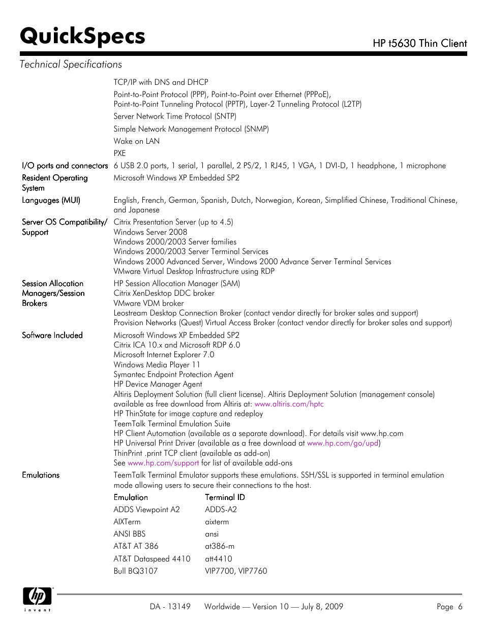 Quickspecs, Hp t5630 thin client, Hp t5630 thin client technical specifications | HP Thin Client HP t5630 User Manual | Page 6 / 12