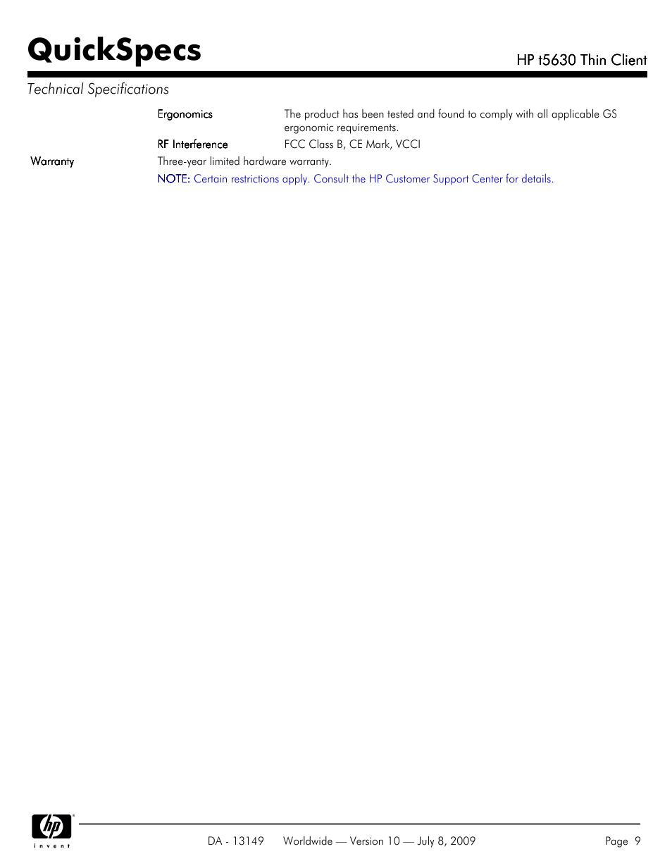 Quickspecs | HP Thin Client HP t5630 User Manual | Page 9 / 12