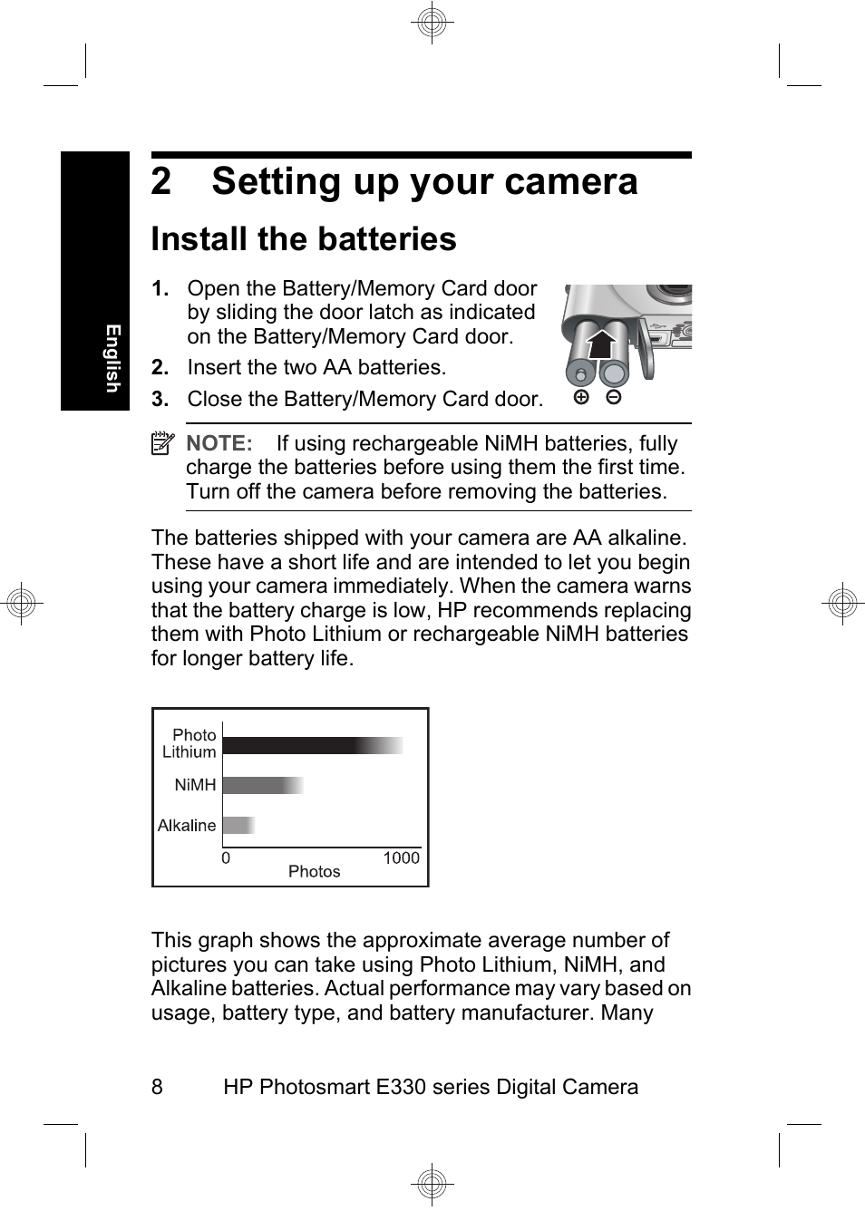 2 setting up your camera, Install the batteries | HP Photosmart E330 series User Manual | Page 10 / 68