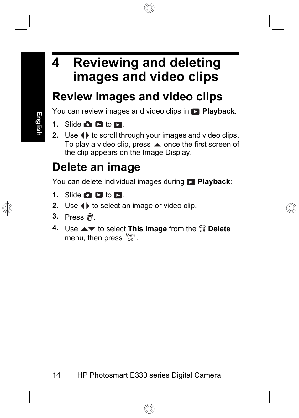 4 reviewing and deleting images and video clips, Review images and video clips, Delete an image | HP Photosmart E330 series User Manual | Page 16 / 68